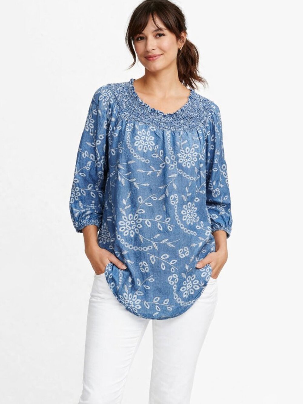 The Pioneer Woman Blue Floral Print Denim Look Smocked Peasant Blouse, Size S